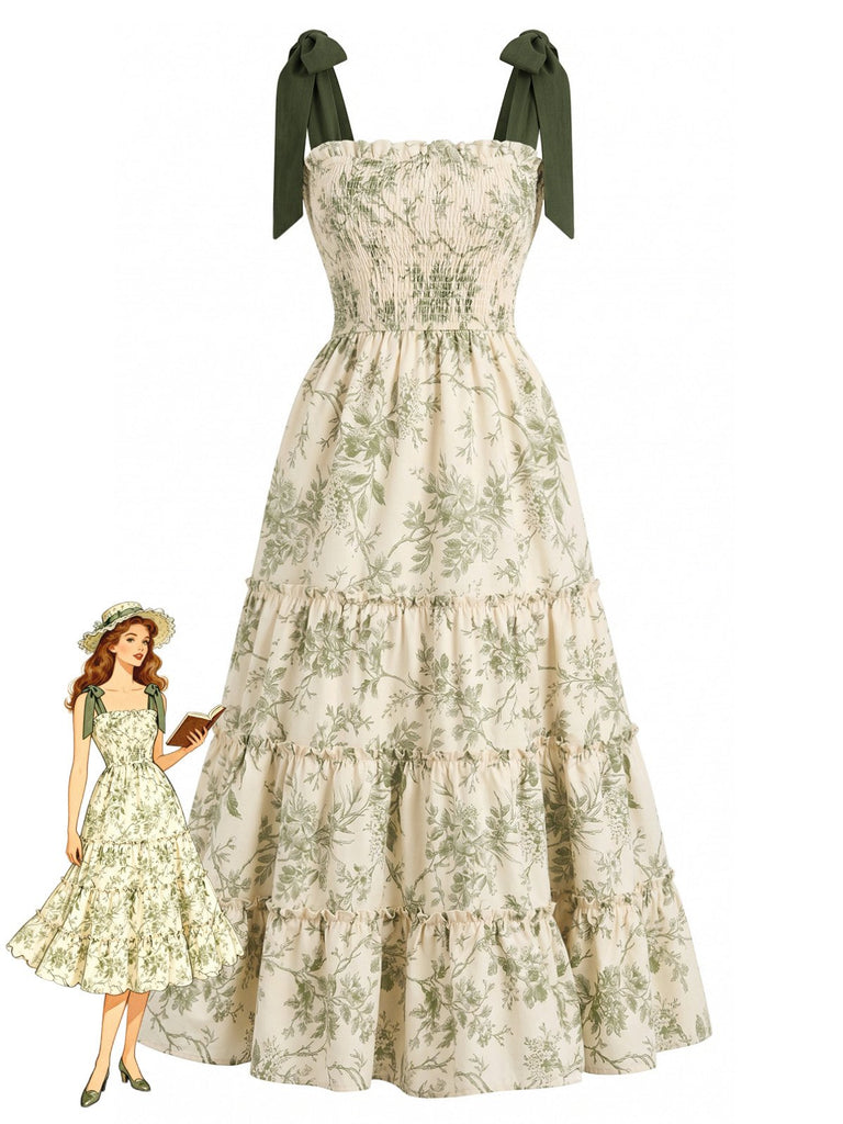 Grünes 40er Kleid mit Blumen und Schulterbindung