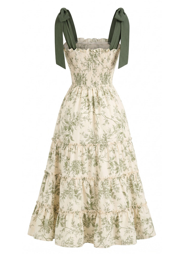 Grünes 40er Kleid mit Blumen und Schulterbindung