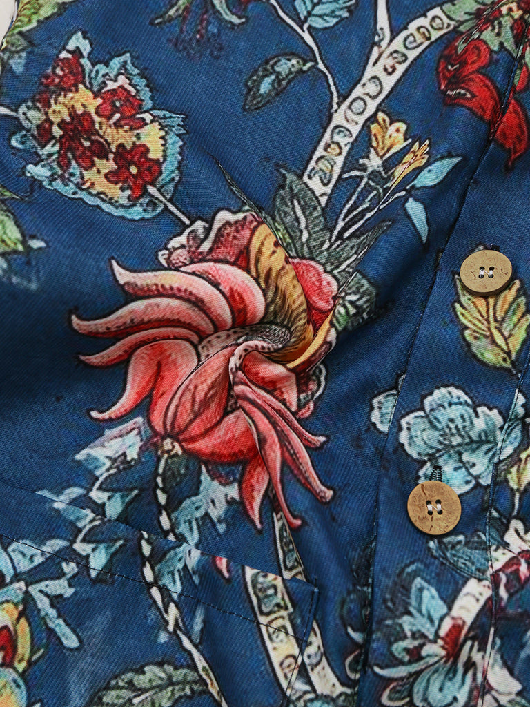 Blauer 70er Boho Romper mit Eckiger Ausschnitt und Blumen