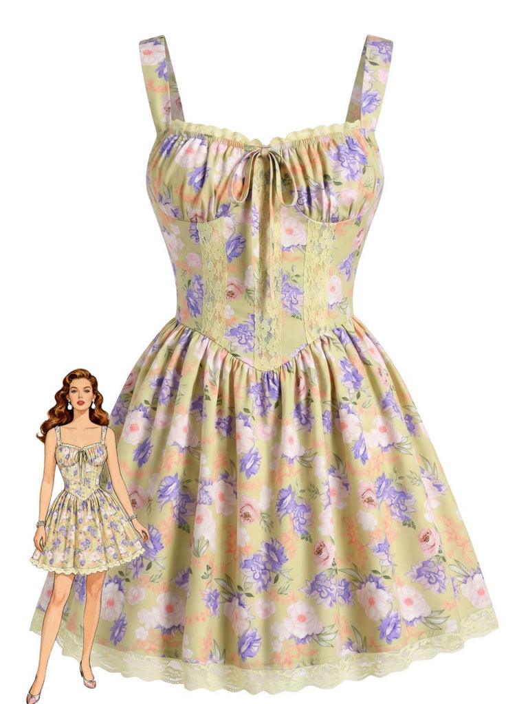 Gelbes 50er Minikleid mit Blumen und Patchwork