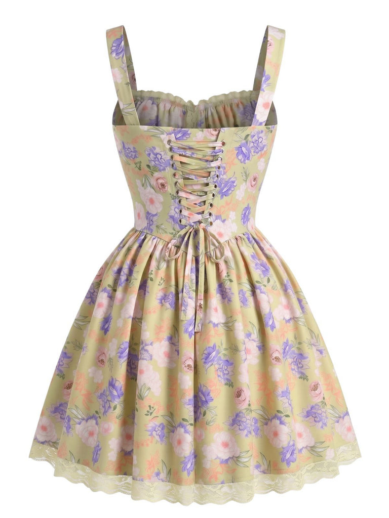 Gelbes 50er Minikleid mit Blumen und Patchwork