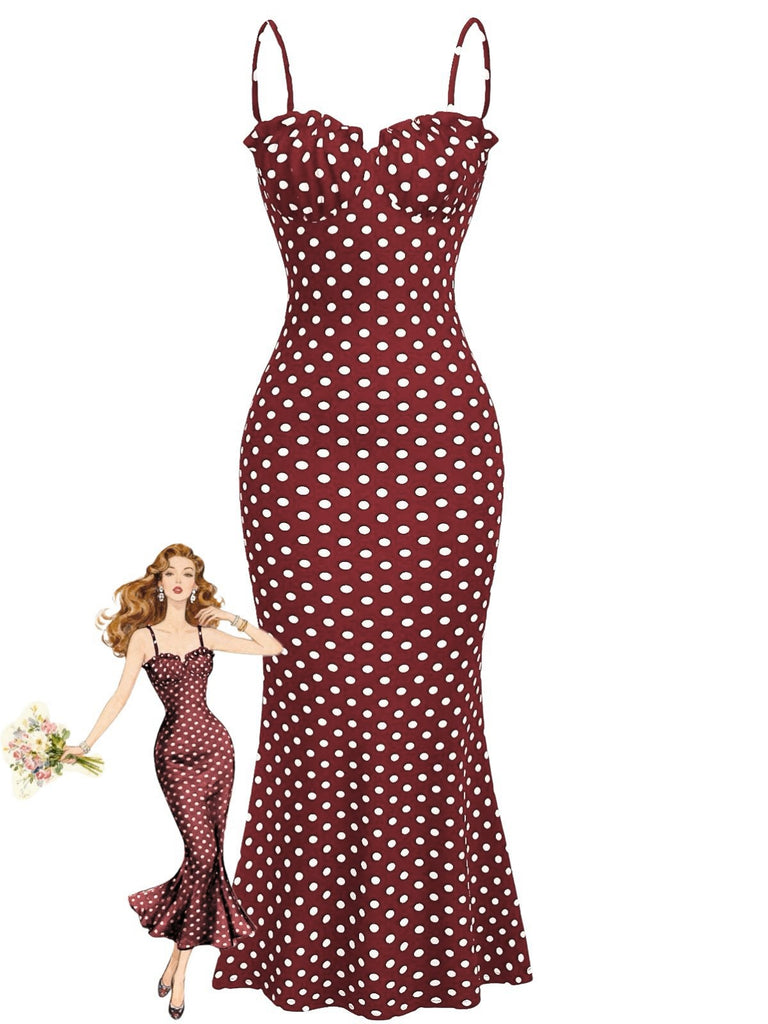 [Vorverkauf] Rotes 30er Fischschwanzkleid mit Spaghettiträger und Polka-Dots