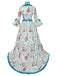 Blaues 70er Rokoko-Kleid mit Blumen-Print, Glockenärmeln und Rüschen