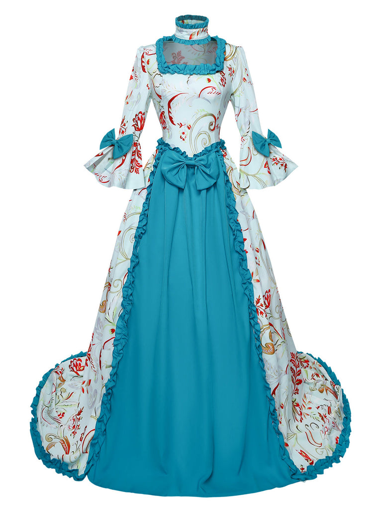 Blaues 70er Rokoko-Kleid mit Blumen-Print, Glockenärmeln und Rüschen