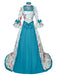 Blaues 70er Rokoko-Kleid mit Blumen-Print, Glockenärmeln und Rüschen
