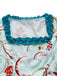 Blaues 70er Rokoko-Kleid mit Blumen-Print, Glockenärmeln und Rüschen