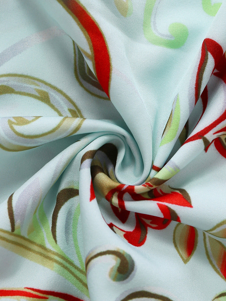 Blaues 70er Rokoko-Kleid mit Blumen-Print, Glockenärmeln und Rüschen