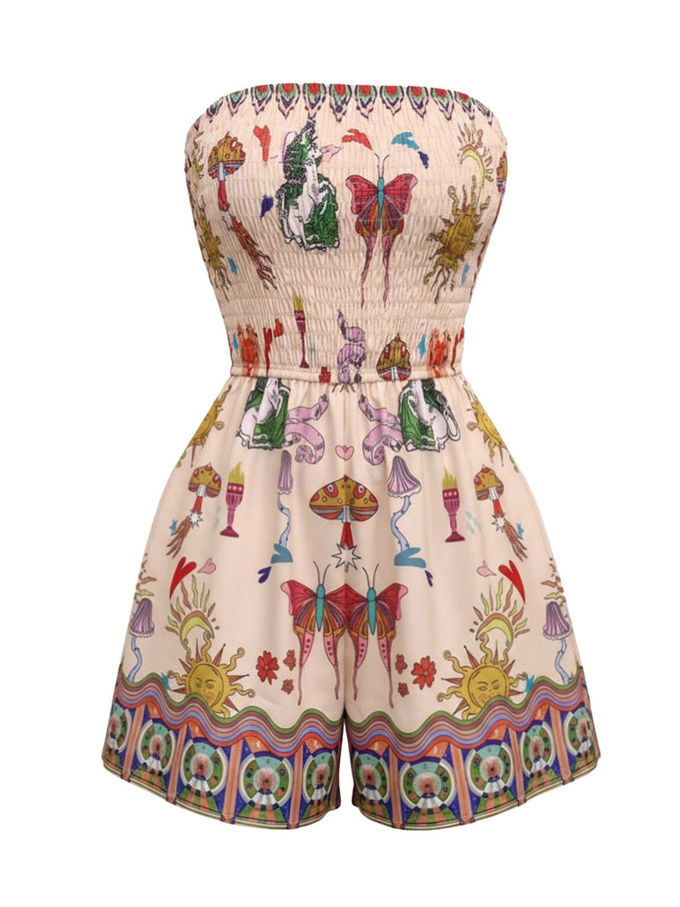 70er Boho Romper mit Schmetterlings-Print und Smok