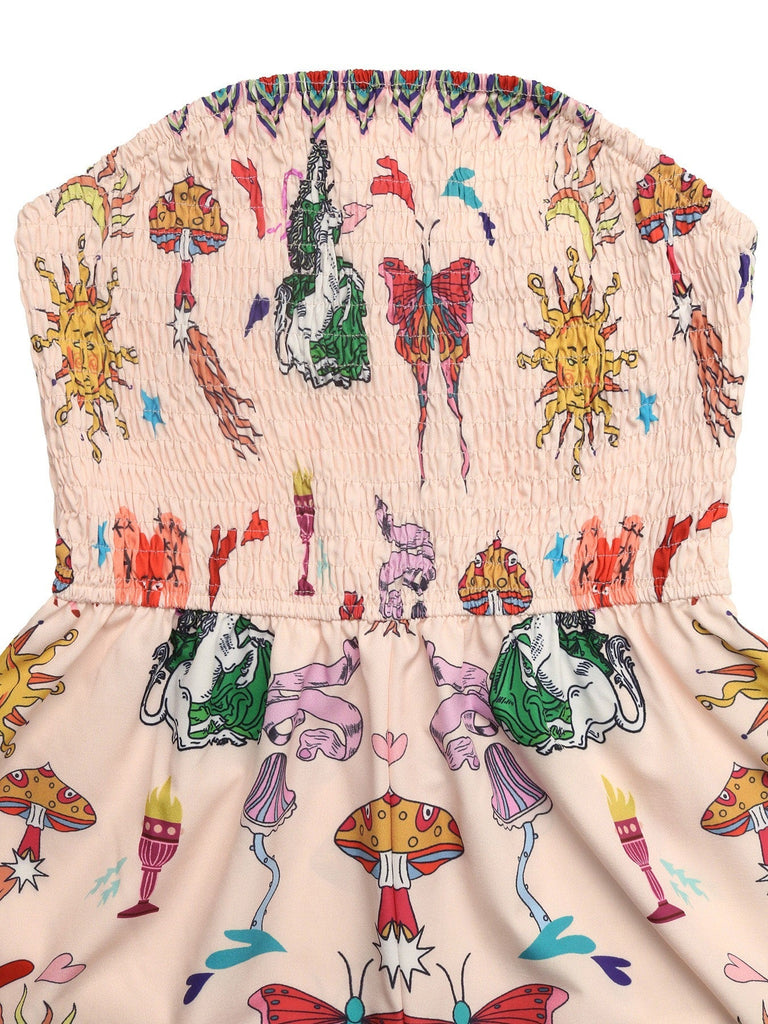 70er Boho Romper mit Schmetterlings-Print und Smok