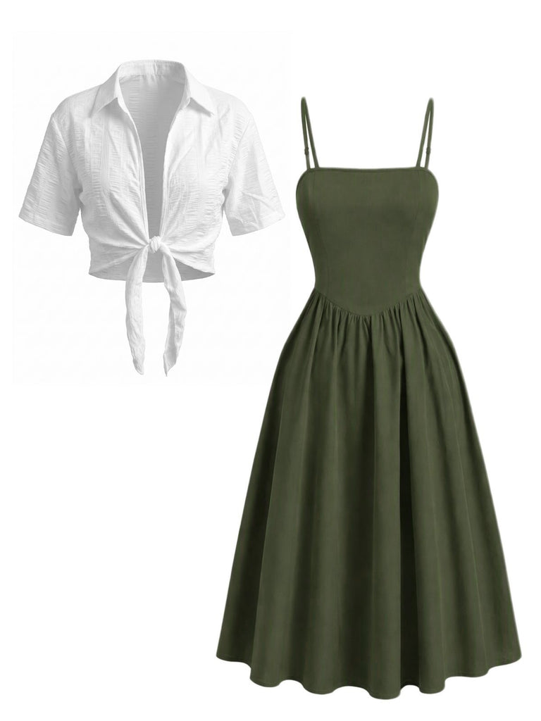 Grünes 50er Set aus gesmoktem Midikleid mit Spaghettiträgern und kurzem Shirt