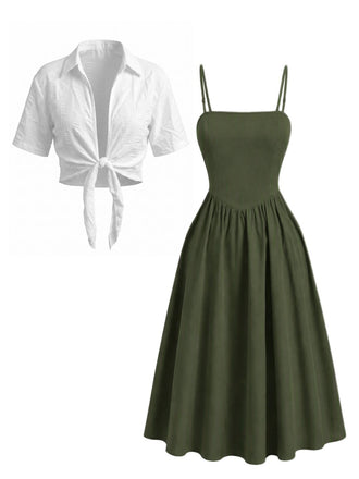 Grünes 50er Set aus gesmoktem Midikleid mit Spaghettiträgern und kurzem Shirt