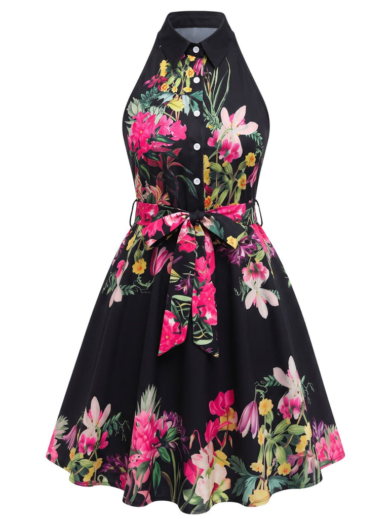 50er Shirtkleid mit Blumen-Print und Neckholder