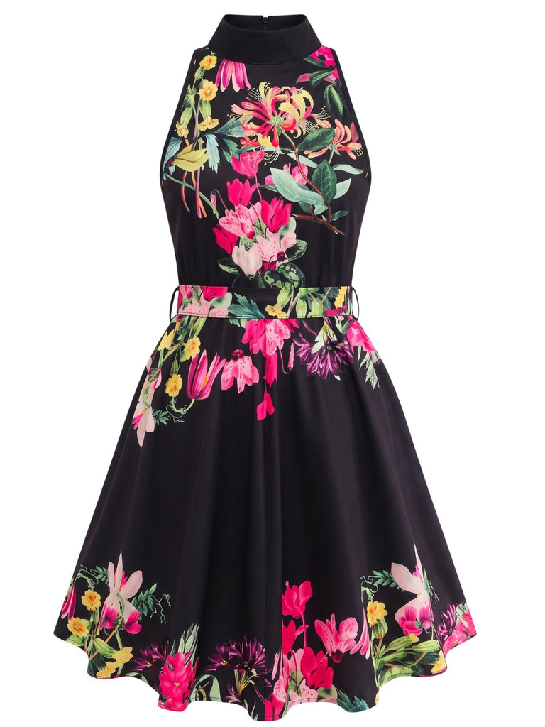 50er Shirtkleid mit Blumen-Print und Neckholder