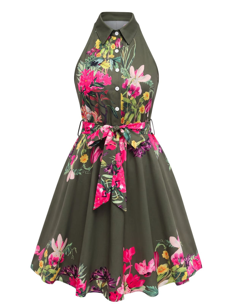 50er Shirtkleid mit Blumen-Print und Neckholder
