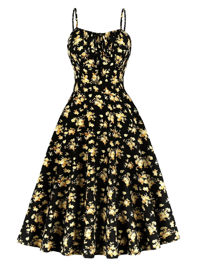 40er Ärmelloses Swingkleid mit Spaghettiträger und Blumen