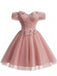 Rosa 50er schulterfreies Ballkleid aus Tüll mit Blumen und Glitzer