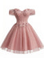 Rosa 50er schulterfreies Ballkleid aus Tüll mit Blumen und Glitzer