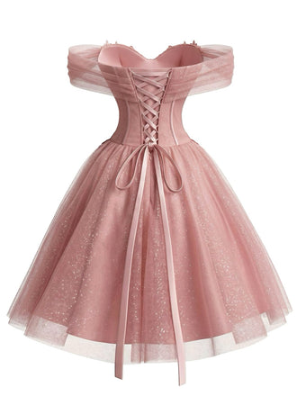 Rosa 50er schulterfreies Ballkleid aus Tüll mit Blumen und Glitzer