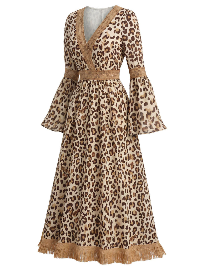 70er Boho Kleid mit V-Ausschnitt und Leoparden-Print