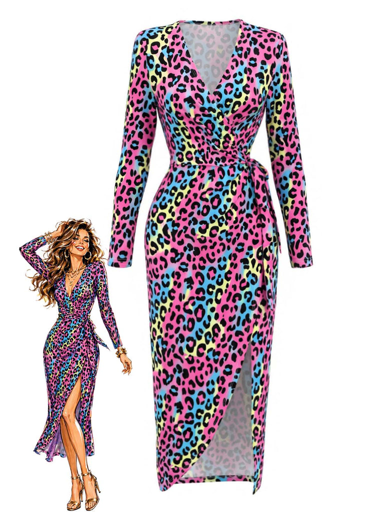 80er Wickelkleid mit Neon-Leopardenprint und Strick