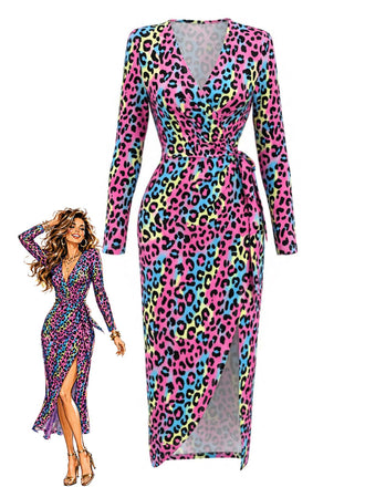 80er Wickelkleid mit Neon-Leopardenprint und Strick