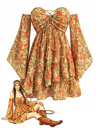 Dunkelgelbes 70er Boho Minikleid mit Blumen und Schnürung