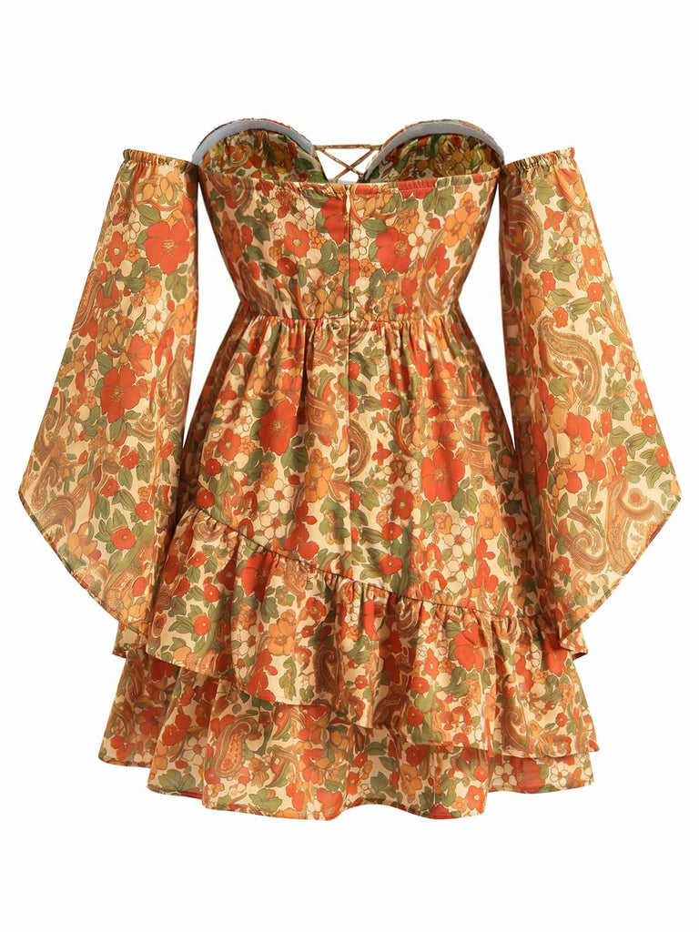 Dunkelgelbes 70er Boho Minikleid mit Blumen und Schnürung