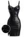 Schwarzes 60er Leder-Minikleid mit Spaghettiträger und Raffung