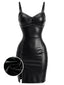 [Vorverkauf] Schwarzes 60er Leder-Minikleid mit Spaghettiträger und Raffung