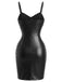 Schwarzes 60er Leder-Minikleid mit Spaghettiträger und Raffung