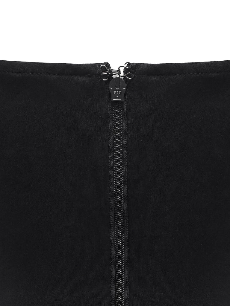 Schwarzes 60er Leder-Minikleid mit Spaghettiträger und Raffung