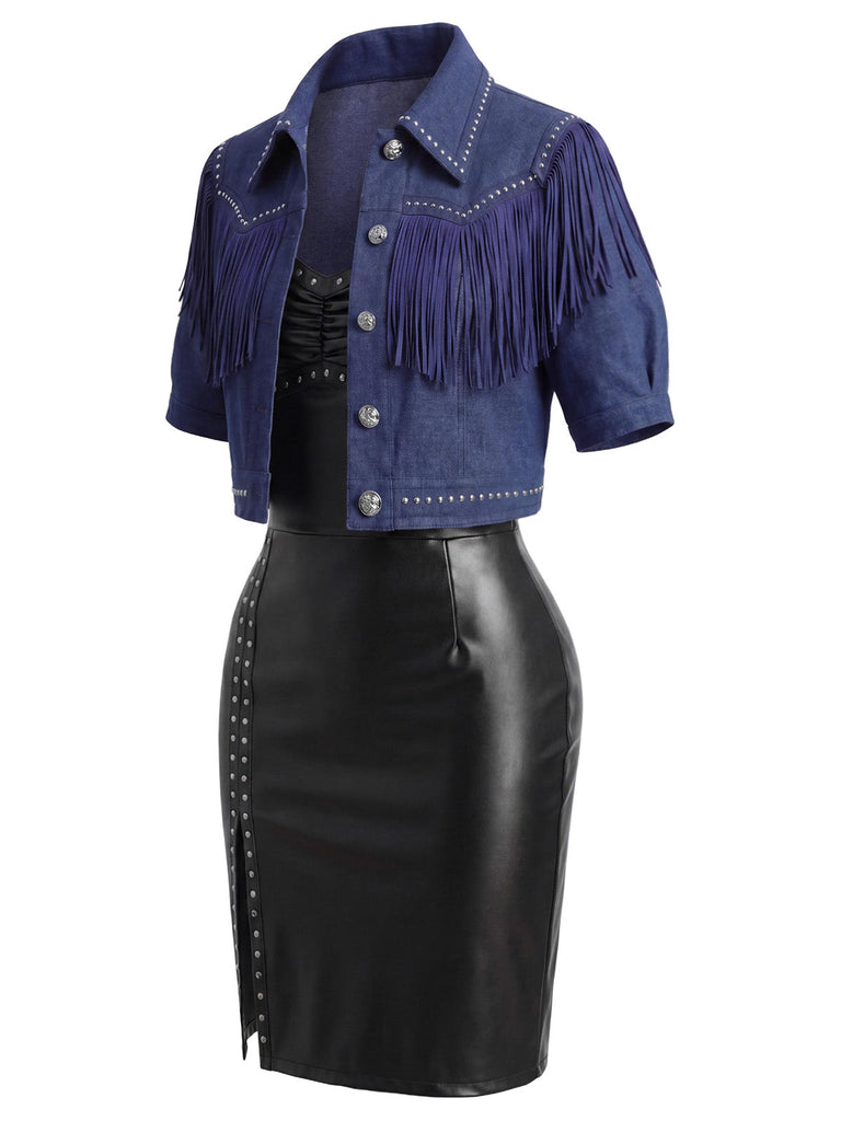 60er Jeans-Jacke mit Spaghettiträger und Fransen