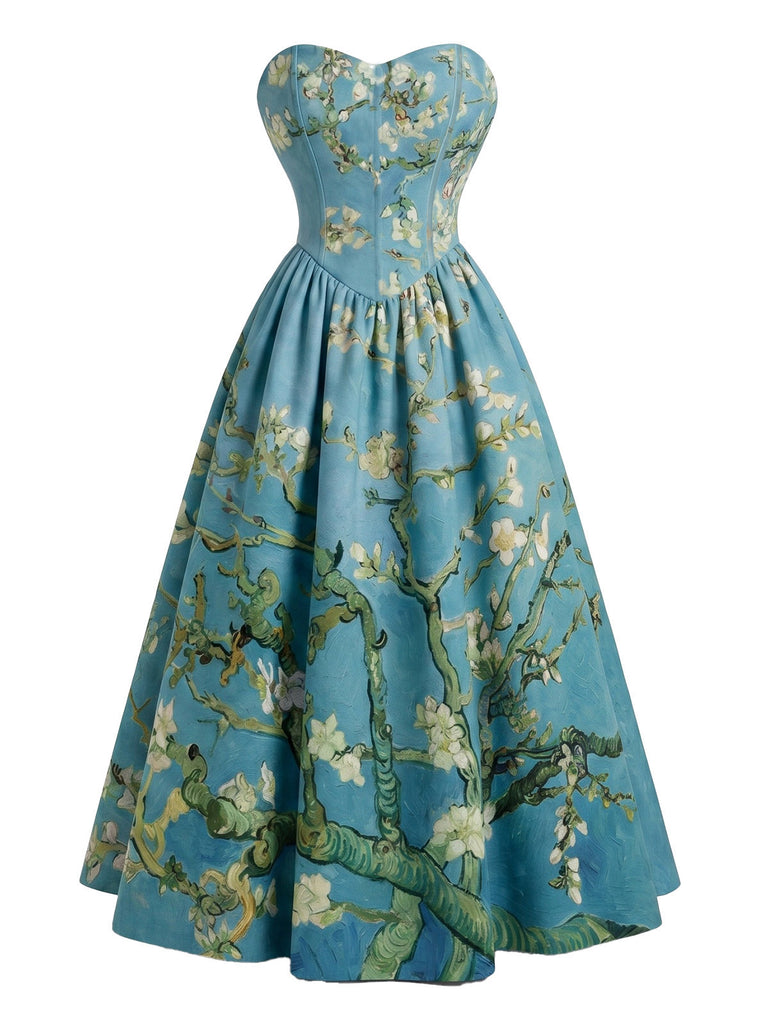 Blaues 50er trägerloses Kleid mit Seerosen