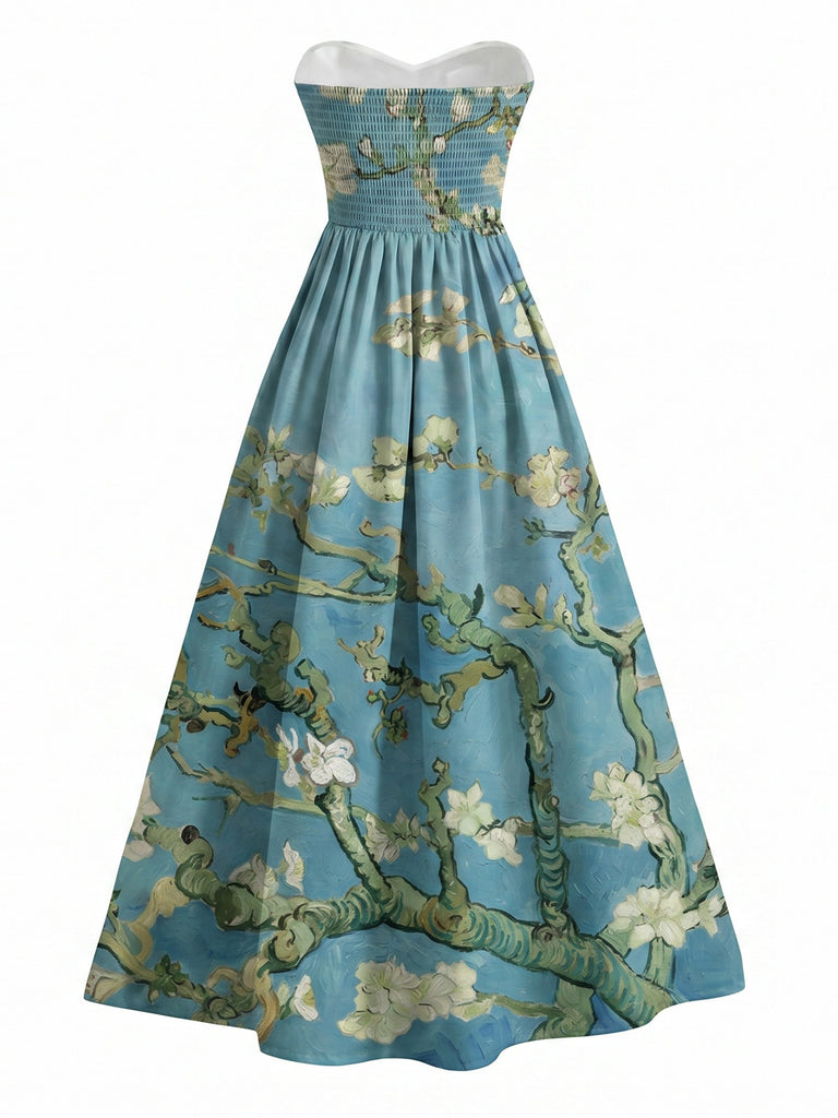 [Vorverkauf] Blaues 50er trägerloses Kleid mit Mandelblüten