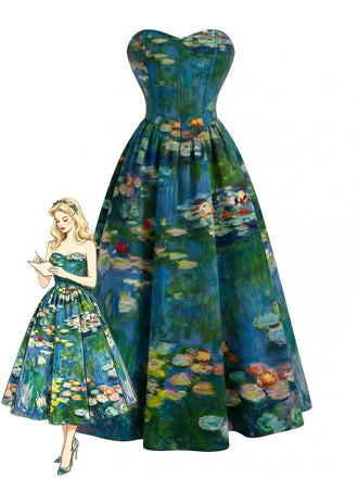Blaues 50er Trägerloses Kleid mit Herzausschnitt und Lilien