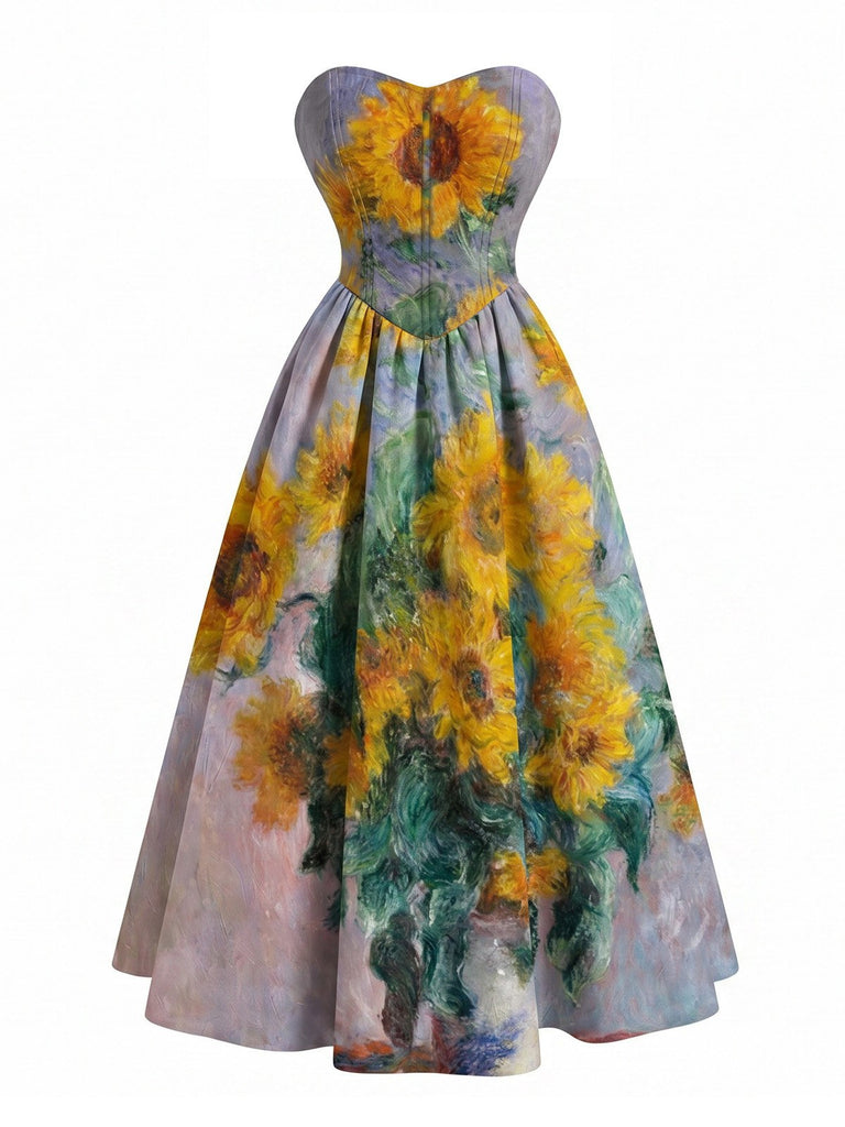 Blaues 50er trägerloses Kleid mit Seerosen