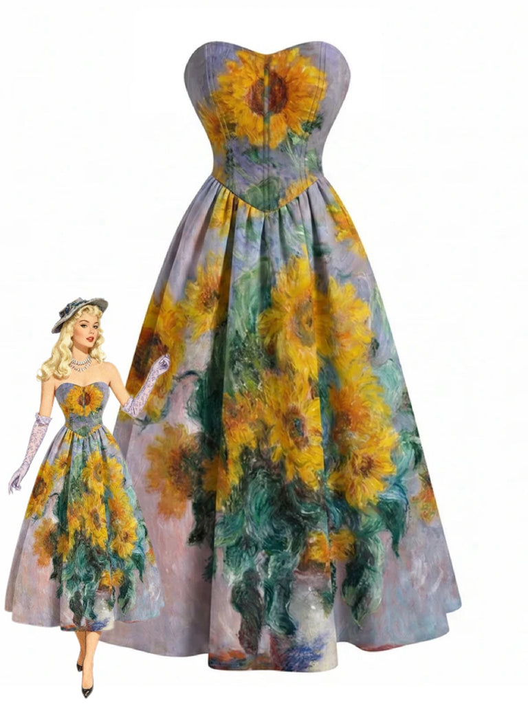 Blaues 50er trägerloses Kleid mit Seerosen