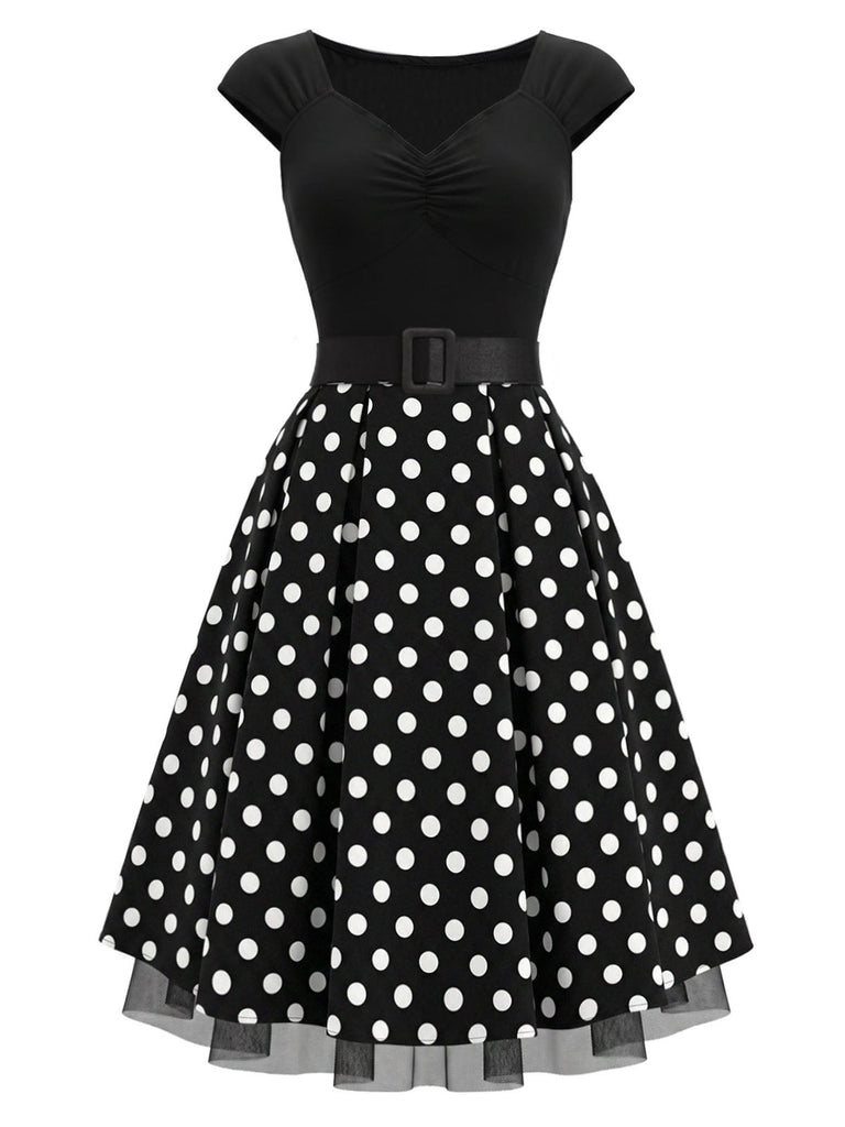 Schwarzes 50er Strick-Swingkleid mit Kappärmel und Polka-Dots