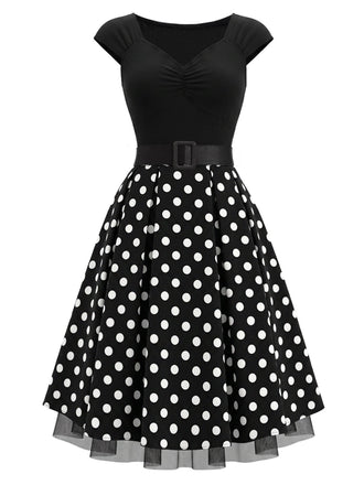 Schwarzes 50er Strick-Swingkleid mit Kappärmel und Polka-Dots