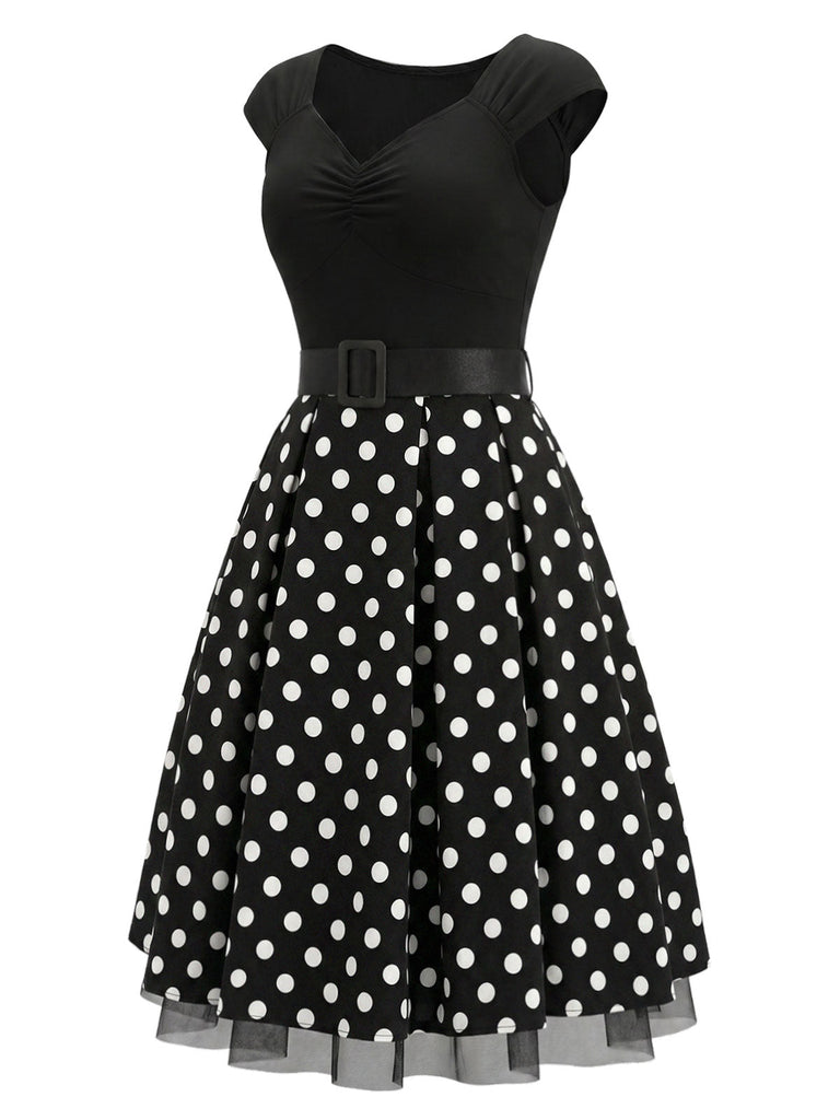Schwarzes 50er Strick-Swingkleid mit Kappärmel und Polka-Dots