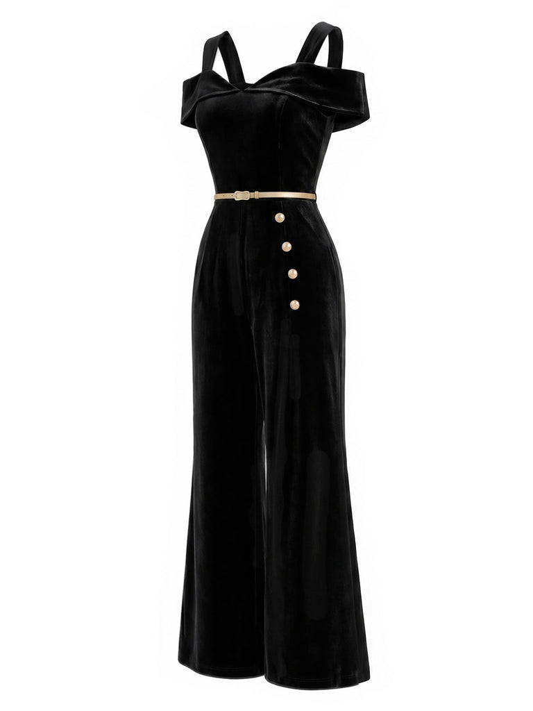 Schwarzer 50er Cold-Shoulder Jumpsuit mit Samt und Breit