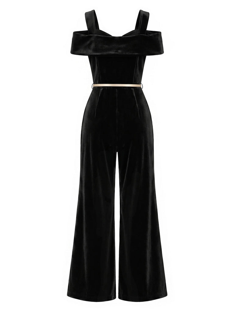 Schwarzer 50er Cold-Shoulder Jumpsuit mit Samt und Breit