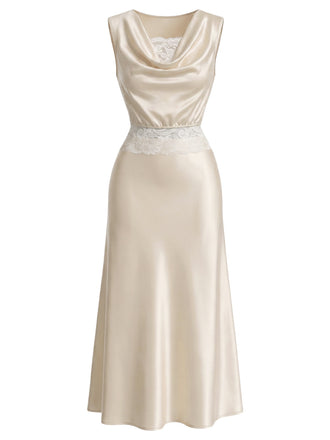 Champagnerer 20er Satin-Rock mit Wasserfallausschnitt und Spitze