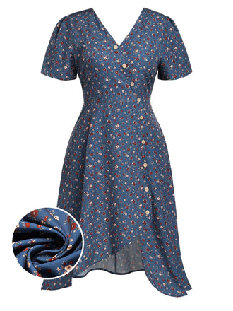 [Übergröße] Dunkelblaues 40er Midikleid mit Blumen und Knopfleiste