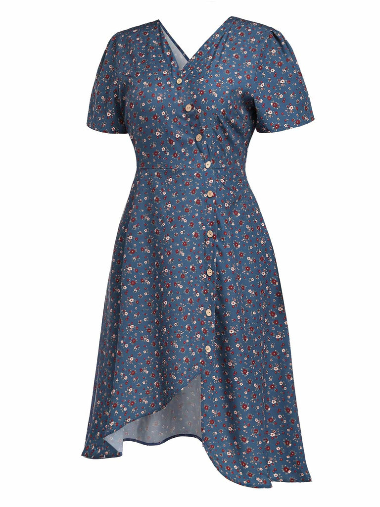 [Übergröße] Dunkelblaues 40er Midikleid mit Blumen und Knopfleiste