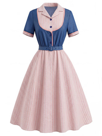 Rosa & Blaues 50er Kleid mit Reverskragen und Streifen