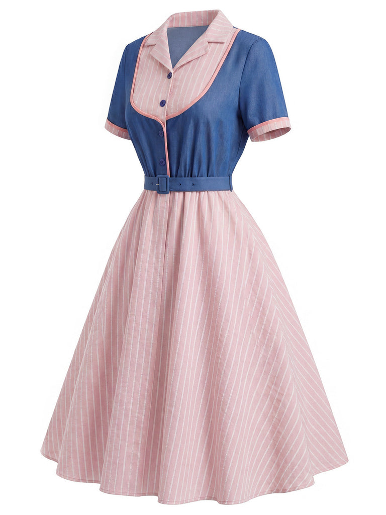 Rosa & Blaues 50er Kleid mit Reverskragen und Streifen