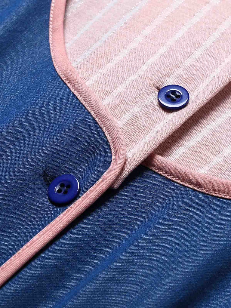 Rosa & Blaues 50er Kleid mit Reverskragen und Streifen