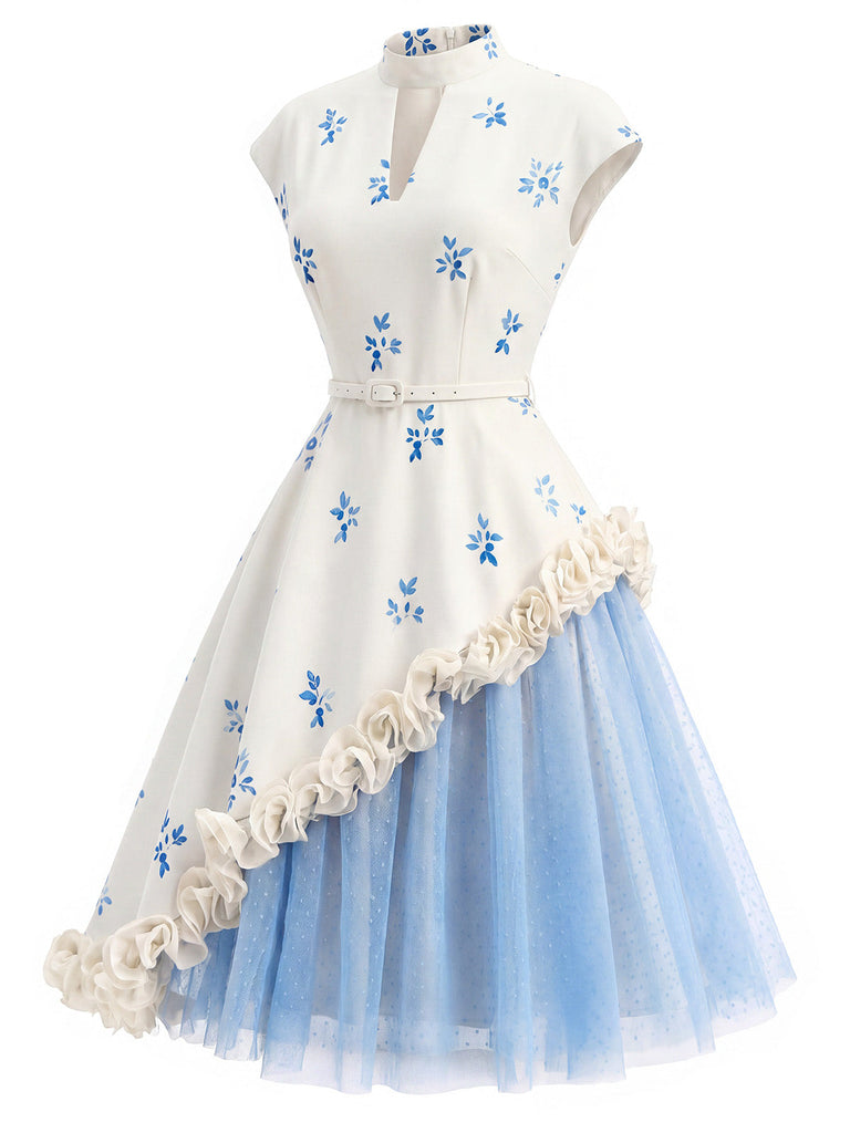 50er Netzkleid mit 3D-Rosen und Polka-Dots