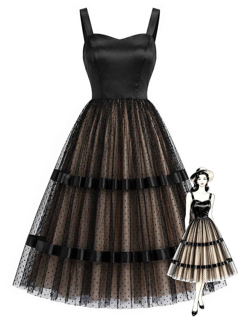 50er Kleid mit Satin-Patchwork und Tüll